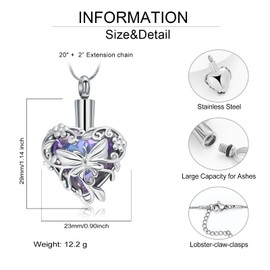 QGJNSGC Crystal Urn Necklace for Ashes Butterfly Cremation Jewelry Heart Urn Holder Necklaces for Women Memorial Jewelry, Gemstone
