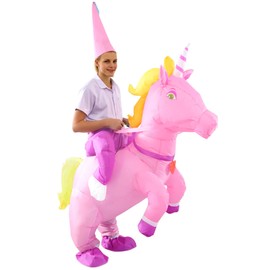 InfleasJoiy Pink riding unicorn inflatable dress up costume, inflatable costume for party