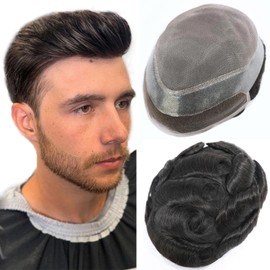 Toupee Hair Piece for Men Indian Remy Human Hair Monofilament Top Lace Front Mens Hairpiece Hair Replacement System with Pu Skin around Male Toupee Peluquines Para Hombre 6x8 Inch Natural Black #1A
