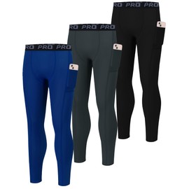 EXARUS 3 Pack Youth Boys Compression Leggings Tights Performance Basketball Athletic Pants Sports Base Layer for Soccer Side Pocket 12Y
