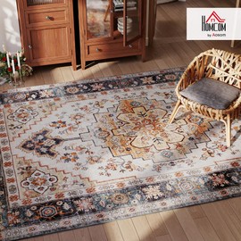 HOMCOM Washable Area Rug, 8'x10' Vintage Indoor Distressed Carpet, Retro Floor Cover Foldable, Floral Print Mat for Living Room, Bedroom, Dining Room, Tawny Brown