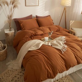 Comfortable & Soft 3 Piece Gentle Breathable Texture Cotton Duvet Cover Twin XL Size Solid Hued Tidy Design | All Seasons Fall Bedding Burnt Orange Color Zipper Closure Warm Plush Cozy Luxury