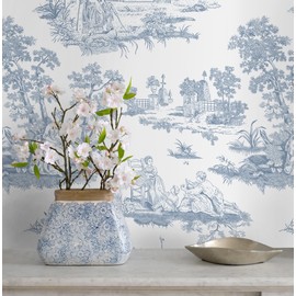 Hopepak White and Blue Peel and Stick Wallpaper Vintage Toile Wall Paper Self Adhesive Waterproof Removable French Contact Paper for Cabinets Bedroom Bathroom 17.3"x78.7"