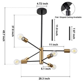 SineRise Modern Sputnik Chandelier Light Fixture, 6-Light Chandelier Ceiling Light Fixture Black and Gold Mid Century Chandelier Height Adjustable for Kitchen, Living Room, Bedroom, Hallway and Foyer
