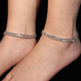 Rumnoke 4Pcs Rhinestone Ankle Bracelet for Women Crystal Stretch Foot Chain Bling Cubic Zirconia Tennis Elastic Anklets White