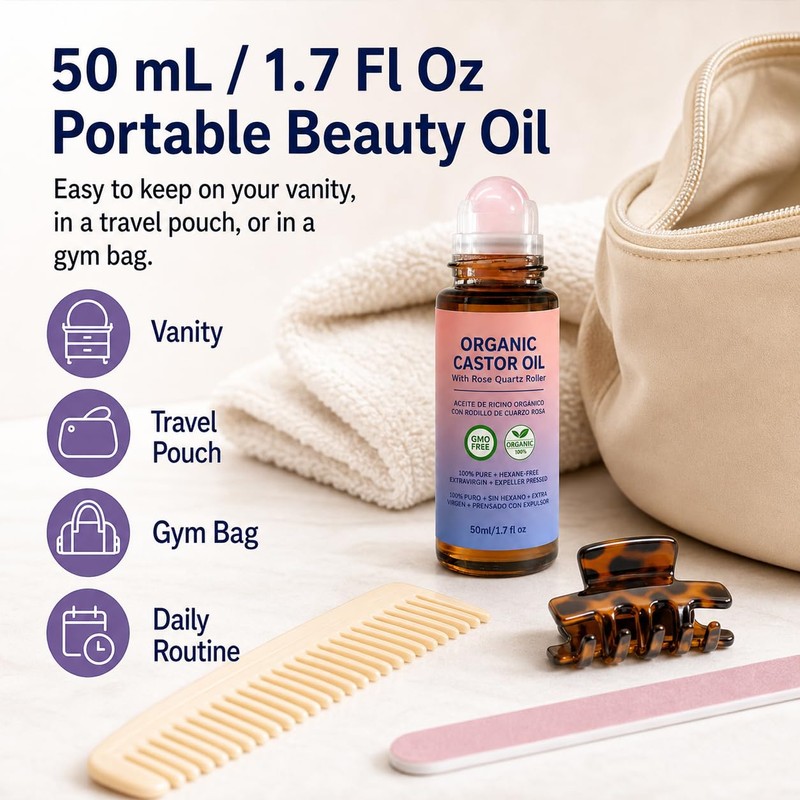 GETPUNA Pure Castor Oil Roll On with Rose Quartz Roller,