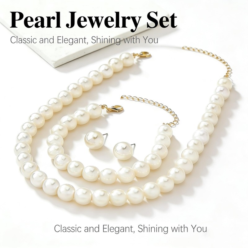 8mm Elegant Pearl Jewelry Set with Gold Chain, Classic White