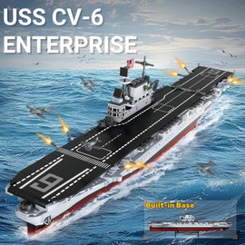 MEOA USS Enterprise Aircraft Battleship Building Toys 1883PCS WW2 Army CV-6 Carrier Building Blocks with Molded Airplane & Display Stand Military Navy Ship Model for Kids & Adults
