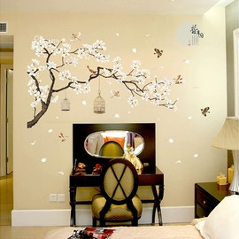 Large Chinese Style White Flowers Wall Stickers with Black Tree Flying Birds Wall Decals, Removable DIY Wall Art Decor Murals for Offices Living Room Bedroom Study Room Home Walls Decoration, 50x74in