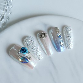 Blue Zircon Rose Handmade Nail Tips - Long Point / 블루 지르콘 로즈 수제네일팁 - 롱포인트