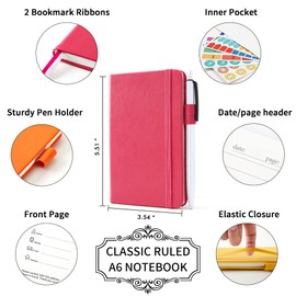 feela Notebook A6, Pack of 6 Notepads, Small, Colourful Journals Book Bulk with 6 Gel Pens, Black, 112 Pages, 80 GSM, 9 x 14 cm, Mini Notebook Lined Suitable for Office, School, Notebook with PU