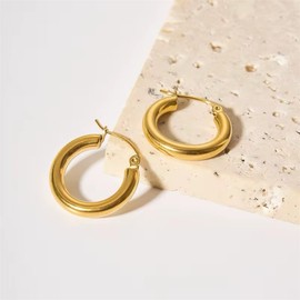 Classic 18k Gold Plated Hoop Earrings - Stainless Steel Chunky Hoops for Women - Hypoallergenic Fashion Jewelry