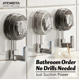 ATEWEITA Towel Hooks, No Drilling, Extra Strong Suction Cup Hook, 62 mm Reusable Bathroom Suction Towel Hooks for Bathroom, Kitchen, Camping & Car (Grey/Silver (Bears & Hooks), 2)