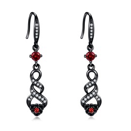 Black Sterling Silver Infinity Dangle Earrings With Red Zircon Rose - Valentine's Day Jewelry Gifts for Women