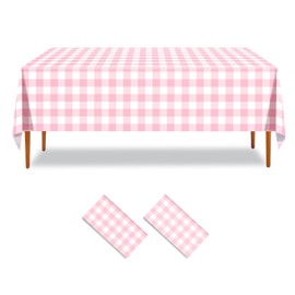 ZHIAXTON 2 Pack Pink Gingham Tablecloth,54 X 108 Inch Disposable Plastic Pink and White Checkered Tablecloth for Tea Party,Birthday,Wedding,Picnic Party Decorations