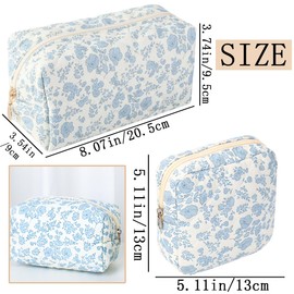 KuuGuu 2 PCS Blue Floral Makeup Bag Cute Flowers Cotton Quilted Cosmetic Bag Fashion Travel Toiletry Storage Bags Aesthetic Essential Bags Toiletry Period Organizing Accessories for Women Girls