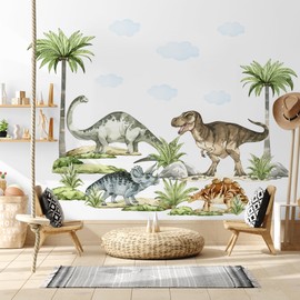 Murwall Watercolor Dinosaur Wall Decal Nursery Jurassic World Decals Kids Trex Wall Sticker Big Palm Tree with Animals Wall Decals