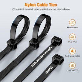 NORSHY Cable Ties Black Resealable 300 mm x 7.6 mm, Cable Ties UV-Resistant 75 kg Ultra Strong, Heat Resistant Zip Ties Pack of 100 for Cable Management, Gardening, Workshops