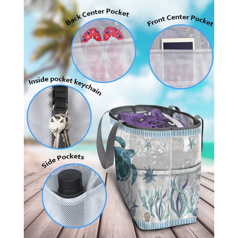 Large Beach Themed Patterned 7 Pocket Mesh Sand-Proof Beach Bag