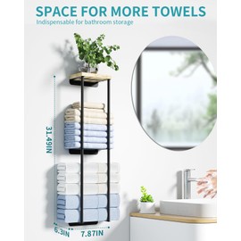 Towel Racks for Bathroom, 2 Tier Wall Towel Holder with Wood Shelf, Metal Wall Mounted Towel Rack Bathroom Organizers and Storage, Black