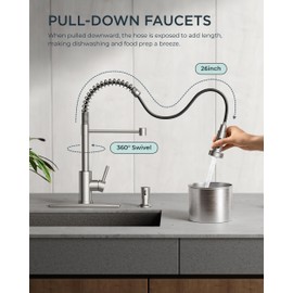 FORIOUS Kitchen Faucet with Soap Dispenser, Brushed Nickel Kitchen Faucets with Pull Down Sprayer, Stainless Steel High Arch Spring Sink Faucet, Single Handle Utility Faucet for Laundry Sink RV Bar