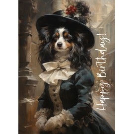 PIXILUV HAPPY BIRTHDAY Greeting card ~ Funny Dog Dressed Up in an Elaborate Victorian Era Dress ~ Birthday Wishes Greetings Large Vintage Styled Card