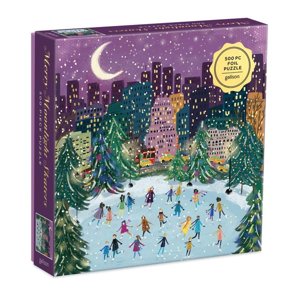 Galison Merry Moonlight Skaters 500 Piece Foil Puzzle from Galison - Featuring Beautiful Illustrations of a Festive Winter Scene with Gold Foil Accents, 20" x 20", Makes a Wonderful