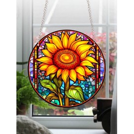 Mom Sunflower Stained Windows Hanging Suncatcher,Flower Stained Glass Suncatchers Window Ornament Stained Glass Panel Sun Catcher Wall Hanging Decor Birthday Gifts