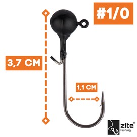 Zite Fishing Tungsten Jig Hook Set, Lead-Free Jig Heads with Fishing Hooks, 1/0-5/0 Matte Black, Ultra Sharp Jigheads Hooks, Bass & Zander Fishing, Rubber Bait Hooks with Fishing Weight (1/0 5.3 g)