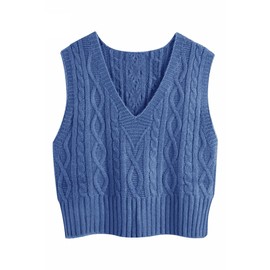Aoysky Suéter chaleco para mujer, cuello en V, sin mangas, chaleco de punto trenzado, color sólido, sin mangas, ajuste holgado, Azul / Patchwork, XXL
