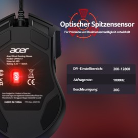 acer Gaming Mouse 12800 DPI, Mouse Gaming with RGB, 1000Hz Query Rate 8 Programmable Buttons, Quick Fire Button and Adjustable Driver, Wired Ergonomic Mouse Gaming Ideal for PC/Laptop