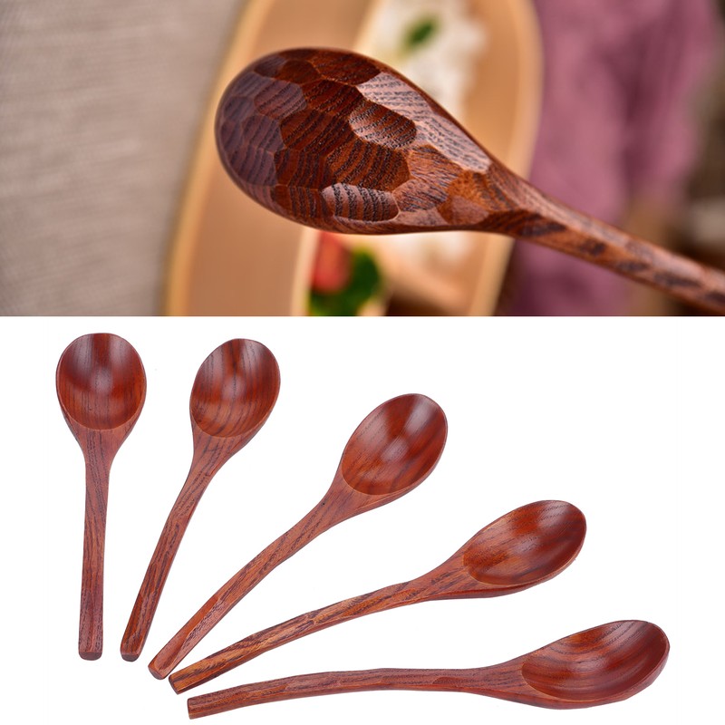 5PCS Japanese Style Wood Spoon Long Handle Soup Spoons Household
