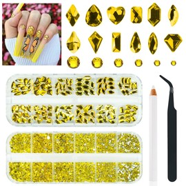 qiipii 2630Pcs Golden Yellow Nail Rhinestones 120 Multi Shapes Crystal Flatback Gems +2510 Round Beads Glass Stones Diamonds Jewels w Tweezer & Wax Pen for DIY Face Eye Mackup Clothes Shoes