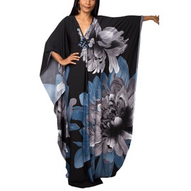 YouKD Summer Floral Loose Kaftan Boho Beach Bikini Uncover Dress Plus Size Robe for Women, A Blue-Grey