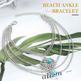Fashband Boho Layered Anklet Silver Turquoise Ankle Bracelet Vintage Anklet Summer Beach Anklet Jewelry Adjustable for Women Girls
