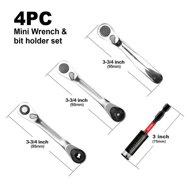 GEINXURN Mini Ratchet Wrench& Bit Holder Set 4 Pcs, 1/4"