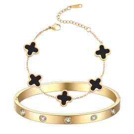 TICVRSS 18K Gold Plated Clover Bracelet Love bangle Set for Women Stack Cute Fashion Simple Friendship Bracelet Lucky Link Bracelets Jewelry Gifts Trendy for Women ((Black+Gold)-6.3in)