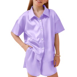 Petite&Me Girls' Silk Pajama Set Button-Down Shirt Collar Top & Lounge Shorts Sizes 6-14(Lavender, 12)