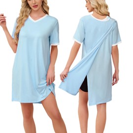 Chunoy Chunoy Hospital Gowns for Women Short Sleeve Button Open Back Nursing Gowns Post Surgery Dress Nightgown Light Blue XX-Large