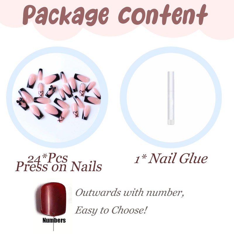 BABALAL Press on Nails Long Square Fake Nails Black French