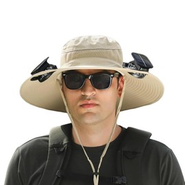 Wide Brim Solar Fan Hat, with 2 Solar Fan USB & Solar Hat Outdoor Sun Hat for Men and Women Perfect for Outdoor Fishing Camping Enthusiasts Khaki