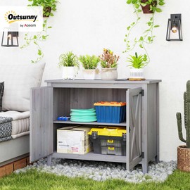 Outsunny Wood Outdoor Storage Cabinet, Compact Garden Shed Potting Shed with Double Doors, Inner Shelf for Lawn, Backyard, Patio, Light Gray