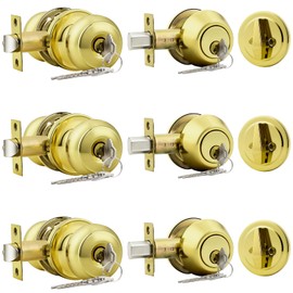Probrico Polished Brass Door Knob and Deadbolt Lock, Keyed Alike Reversible Set, Exterior Door Handle with Deadbolt, 3Pack