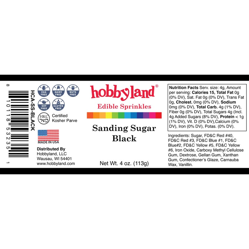 Hobbyland Edible Sprinkles, Sanding Sugar, 4 Oz (Black)