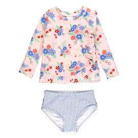 RuffleButts Coastal Breeze Floral Ruffle Detail Long Sleve Rash Guard 2-Piece - 3T