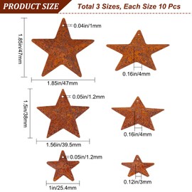 GORGECRAFT 30PCS 3 Sizes Metal Rusty Barn Star 1 Inch 1.5 Inch 2 Inch Mini Hanging Star Antique Primitives Rustic Country Tin Steel Stars Accents for DIY Crafts Vintage Farmhouse Home Door Wall Decor