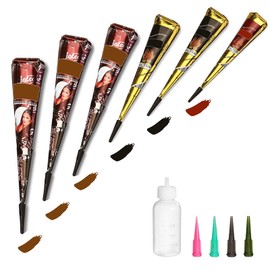 Temporary Tattoos Kit, 6Pcs Semi Permanent Tattoo Paste Cones, India Body DIY Art Painting for Women Men teens, Summer Trend hand Plaste with 3 Colors(1Pc Bottle,4Pcs Nozzles)20Pcs Adhesive Stencil