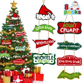 YUJUN 8 Pack Christmas Whoville Tree Decorations,Xmas Large Wooden Crafts Tree Hanging Ornaments Signs for Christmas Welcome to Home Outdoor Porch Party Decorative Supplies