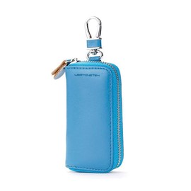 WESTONETEK Unisex Mens Womens Premium Leather Car Key Holder Bag Keychain Case Wallet with 6 Hooks Zipper Closure, Blue