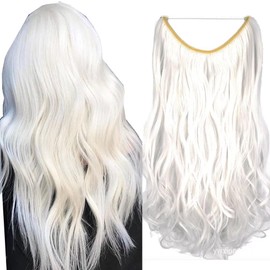 LaLuLoLi Synthetic Secret Hair Extensions #1001 Pure White Wavy Hairpieces Invisible Wire Hair Extensions 18" 80g Curly Wig for Women (Snow White)